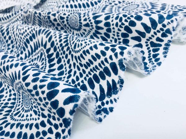 Blue & White Spanish Tile Flower Mandala Fabric Cotton Panama Material for Dress Decor Curtain Upholstery - 110" or 280cm wide