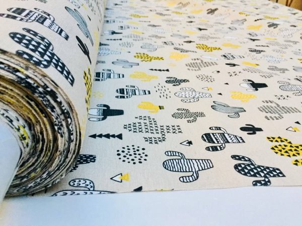 Mustard & Black Cactus Fabric Cacti Print - Kid Curtain Cotton Material - 55 inches wide