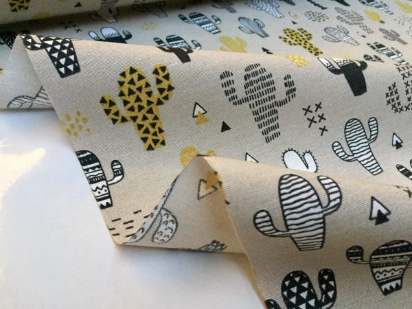 Mustard & Black Cactus Fabric Cacti Print - Kid Curtain Cotton Material - 55 inches wide