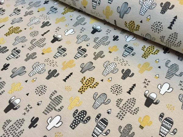 Mustard & Black Cactus Fabric Cacti Print - Kid Curtain Cotton Material - 55 inches wide