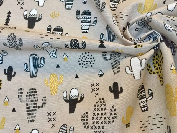 Mustard & Black Cactus Fabric Cacti Print - Kid Curtain Cotton Material - 55 inches wide