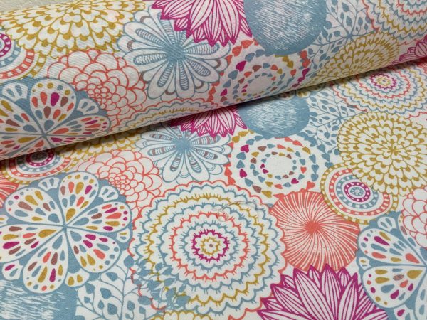 Pink Flowers & Leaves Floral Mandala Fabric Curtain Material for Dress Decor Curtain Upholstery - 54" wide