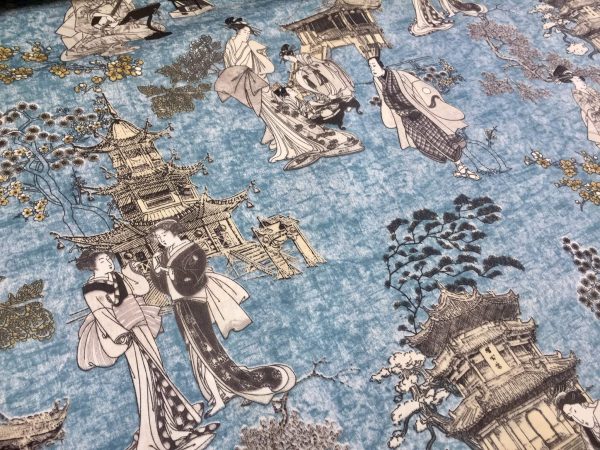 Geisha Japanese Pagoda Oriental Twill Curtain Fabric Material - 110'' extra wide textile - Blue, Mustard