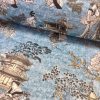 Geisha Japanese Pagoda Oriental Twill Curtain Fabric Material - 110'' extra wide textile - Blue, Mustard