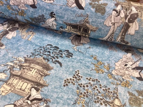 Geisha Japanese Pagoda Oriental Twill Curtain Fabric Material - 110'' extra wide textile - Blue, Mustard