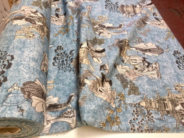 Geisha Japanese Pagoda Oriental Twill Curtain Fabric Material - 55'' extra wide textile - Blue, Mustard
