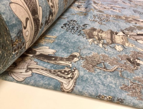 Geisha Japanese Pagoda Oriental Twill Curtain Fabric Material - 55'' extra wide textile - Blue, Mustard