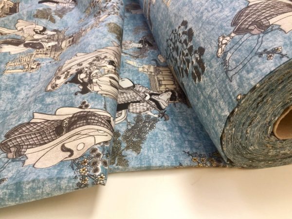Geisha Japanese Pagoda Oriental Twill Curtain Fabric Material - 55'' extra wide textile - Blue, Mustard