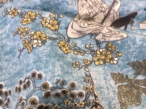 Geisha Japanese Pagoda Oriental Twill Curtain Fabric Material - 55'' extra wide textile - Blue, Mustard