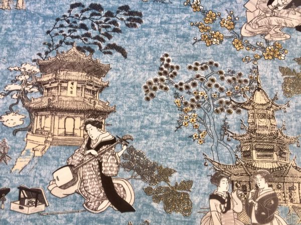 Geisha Japanese Pagoda Oriental Twill Curtain Fabric Material - 55'' extra wide textile - Blue, Mustard