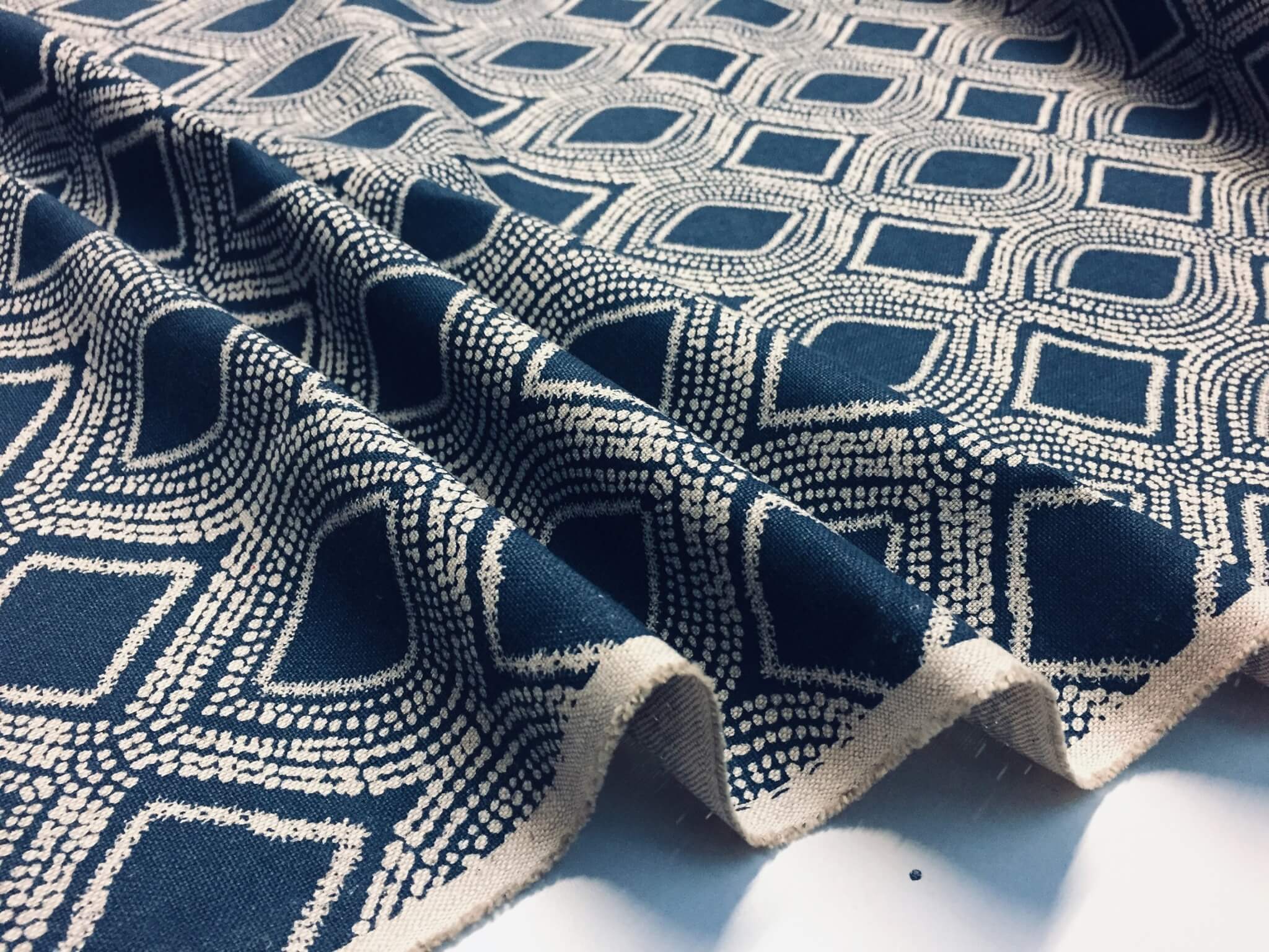 Art Deco Damask Rhombus Diamond Fabric Linen Look Material Furnishing Curtains Upholstery 140cm Wide Navy Blue Cream Lush