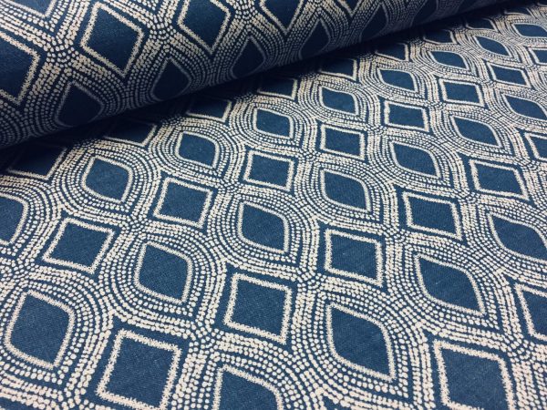 Art Deco Damask Floral Fabric Navy Blue Curtain Upholstery Linen look  - 140cm Wide