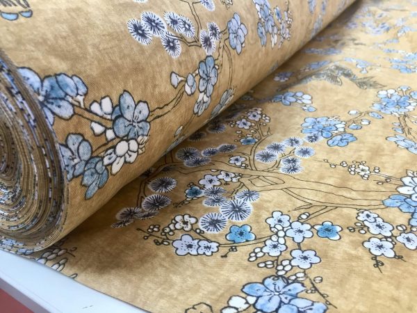 Japanese Sakura Blossom Cherry Floral Twill Curtain Fabric Oriental Furnishing Material - 110'' extra wide textile - Mustard, Blue