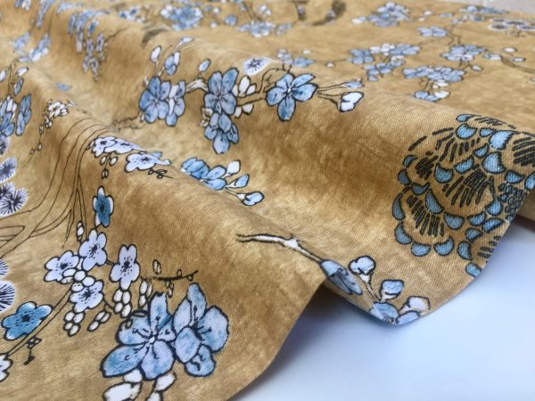 Japanese Sakura Blossom Cherry Floral Twill Curtain Fabric Oriental Furnishing Material - 55'' wide textile - Mustard, Blue