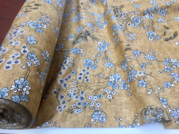 Japanese Sakura Blossom Cherry Floral Twill Curtain Fabric Oriental Furnishing Material - 55'' wide textile - Mustard, Blue