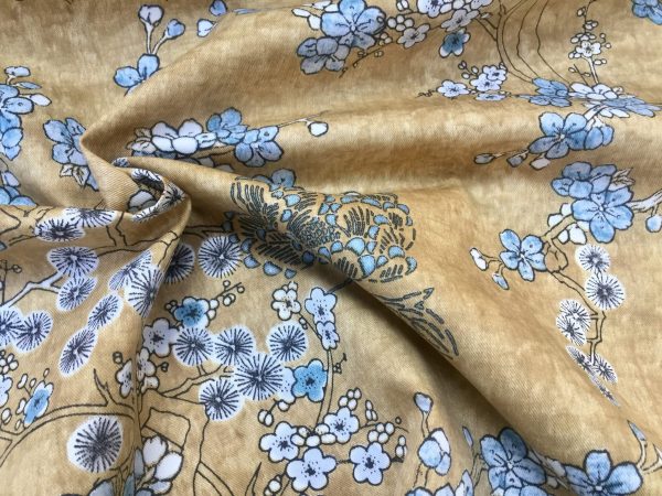 Japanese Sakura Blossom Cherry Floral Twill Curtain Fabric Oriental Furnishing Material - 55'' wide textile - Mustard, Blue