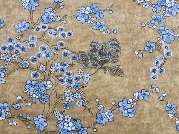 Japanese Sakura Blossom Cherry Floral Twill Curtain Fabric Oriental Furnishing Material - 55'' wide textile - Mustard, Blue