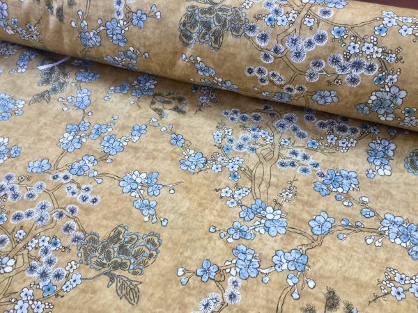 Japanese Sakura Blossom Cherry Floral Twill Curtain Fabric Oriental Furnishing Material - 55'' wide textile - Mustard, Blue