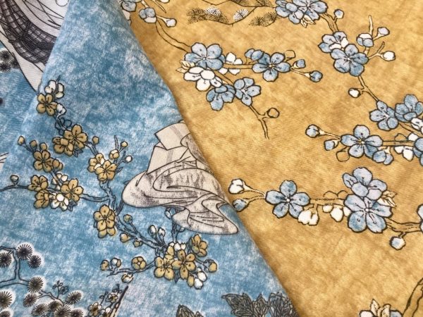Japanese Sakura Blossom Cherry Floral Twill Curtain Fabric Oriental Furnishing Material - 55'' wide textile - Mustard, Blue