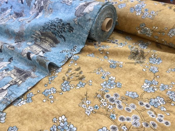 Japanese Sakura Blossom Cherry Floral Twill Curtain Fabric Oriental Furnishing Material - 55'' wide textile - Mustard, Blue
