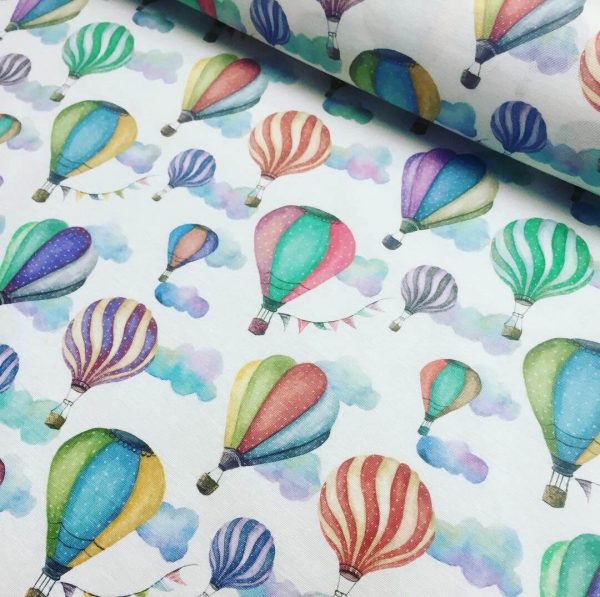 White Hot Air Balloon Print Fabric Cotton Material for Dress Making Curtains Upholstery Home Decor - 280cm EXTRA WIDE