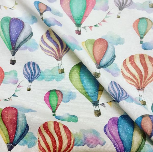 White Hot Air Balloon Print Fabric Cotton Material for Dress Making Curtains Upholstery Home Decor - 280cm EXTRA WIDE