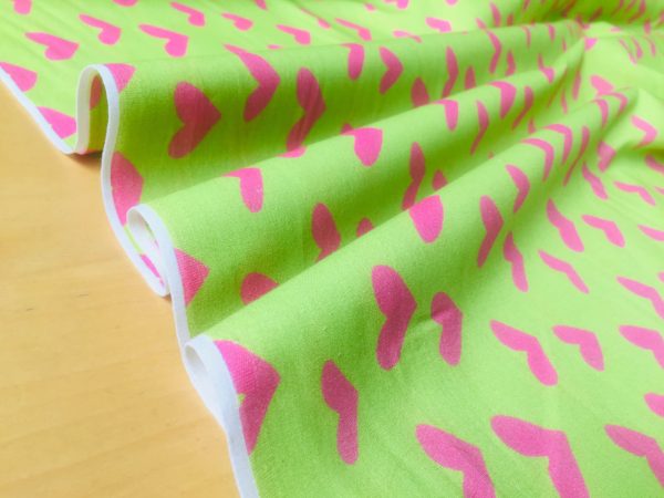 HEART Print 100% Cotton Poplin Fabric Material Lightweight Cloth Dress, Bedding, Curtains - 280cm (110") wide - Lime, Blue & Pink Hearts