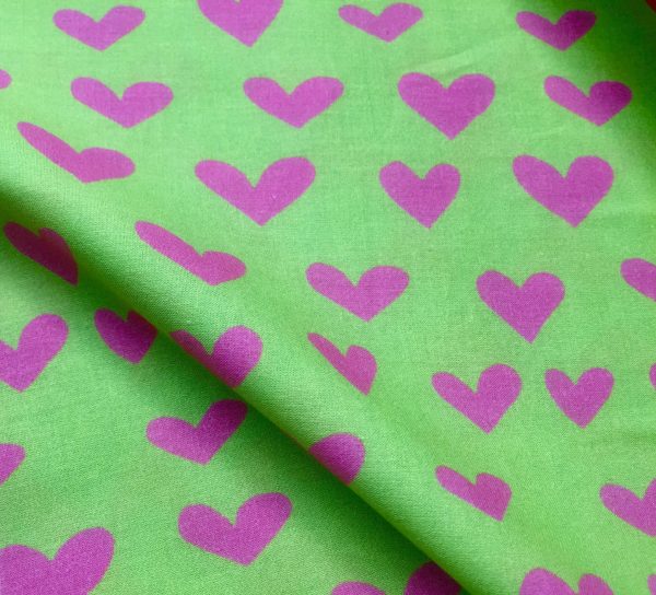 HEART Print 100% Cotton Poplin Fabric Material Lightweight Cloth Dress, Bedding, Curtains - 280cm (110") wide - Lime Green & Pink Hearts