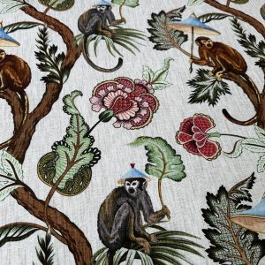 Jungle Monkey Fabric Botanical Leaf Print Linen Look Home Decor Upholstery Curtain Cushion - 140cm Wide