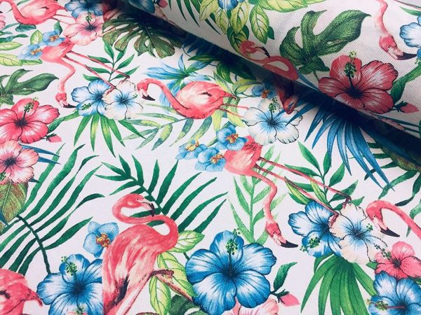 Pink Flamingo Bird Floral Fabric & Tropical Palm Leaf Garden Print Material - Curtains, Furnishing, Dress Making, Home Decor 55''/140cm wide