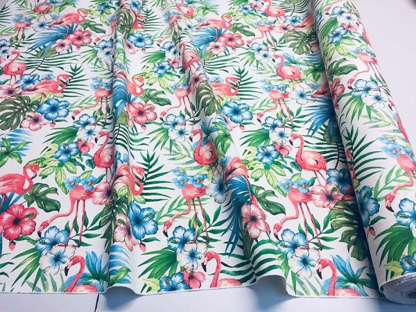 Pink Flamingo Bird Floral Fabric & Tropical Palm Leaf Garden Print Material - Curtains, Furnishing, Dress Making, Home Decor 55''/140cm wide