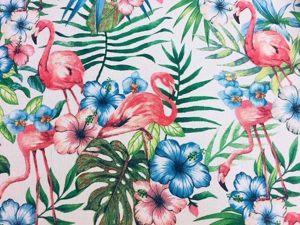 Pink Flamingo Bird Floral Fabric & Tropical Palm Leaf Garden Print Material - Curtains, Furnishing, Dress Making, Home Decor 55''/140cm wide