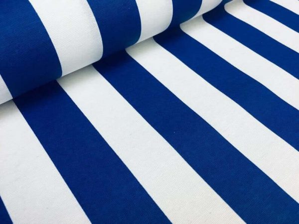 Teflon Waterproof Outdoor Fabric for cushion, gazebo, beach - 140cm wide, sold by metre - ROYAL BLUE & White Stripe Material Stripes