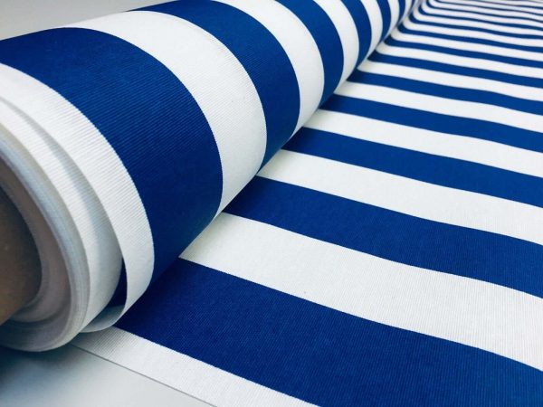 Teflon Waterproof Outdoor Fabric for cushion, gazebo, beach - 140cm wide, sold by metre - ROYAL BLUE & White Stripe Material Stripes