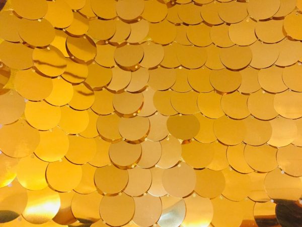 18mm Large Sequin Fabric Glitter Material, 2 way stretch - Backdrop, Dress Making, Home Decoration - 130cm wide - Sparkling GOLD Paillettes