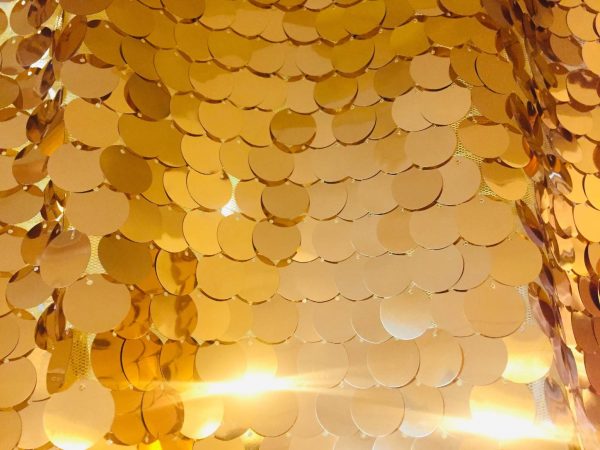 18mm Large Sequin Fabric Glitter Material, 2 way stretch - Backdrop, Dress Making, Home Decoration - 130cm wide - Sparkling GOLD Paillettes