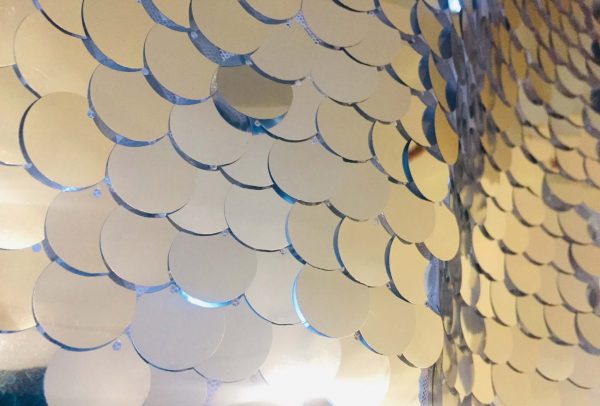 18mm Large Sequin Fabric Glitter Stretch Material - Backdrop, Dress Making, Home Decoration - 130cm wide - Sparkling SILVER Paillettes