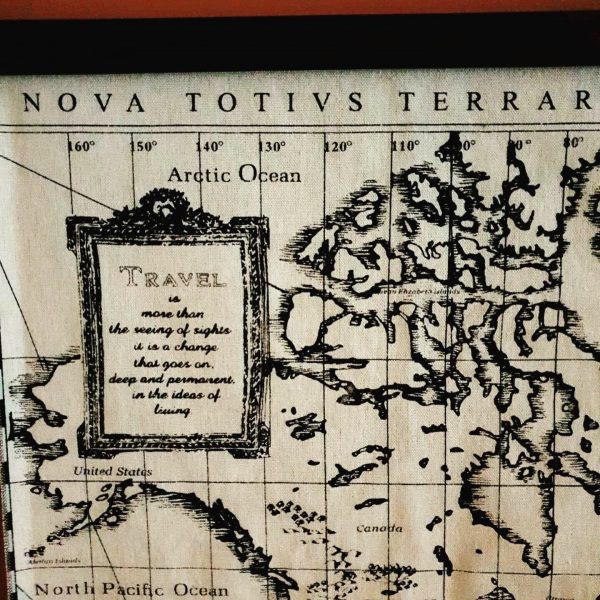 World Map Fabric Poster, Map of the World Linen Textile Tapestry - wall art, gift - Black and Cream Map + Dark Walnut Wood Frame Hanger