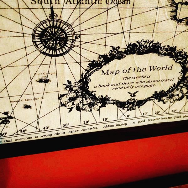 World Map Fabric Poster, Map of the World Linen Textile Tapestry - wall art, gift - Black and Cream Map + Dark Walnut Wood Frame Hanger