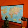 World Map Fabric Poster, Map of the World Textile Tapestry - wall art, gift - Blue Map + Dark Walnut Solid Wood Frame Hanger - 100cm x 65cm