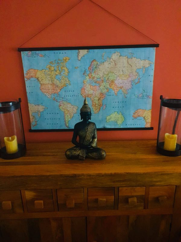 World Map Fabric Poster, Map of the World Textile Tapestry - wall art, gift - Blue Map + Dark Walnut Solid Wood Frame Hanger - 100cm x 65cm