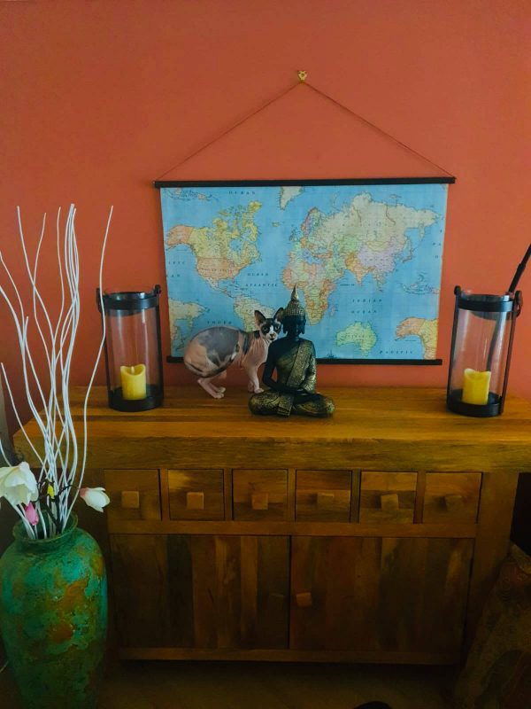 World Map Fabric Poster, Map of the World Textile Tapestry - wall art, gift - Blue Map + Dark Walnut Solid Wood Frame Hanger - 100cm x 65cm