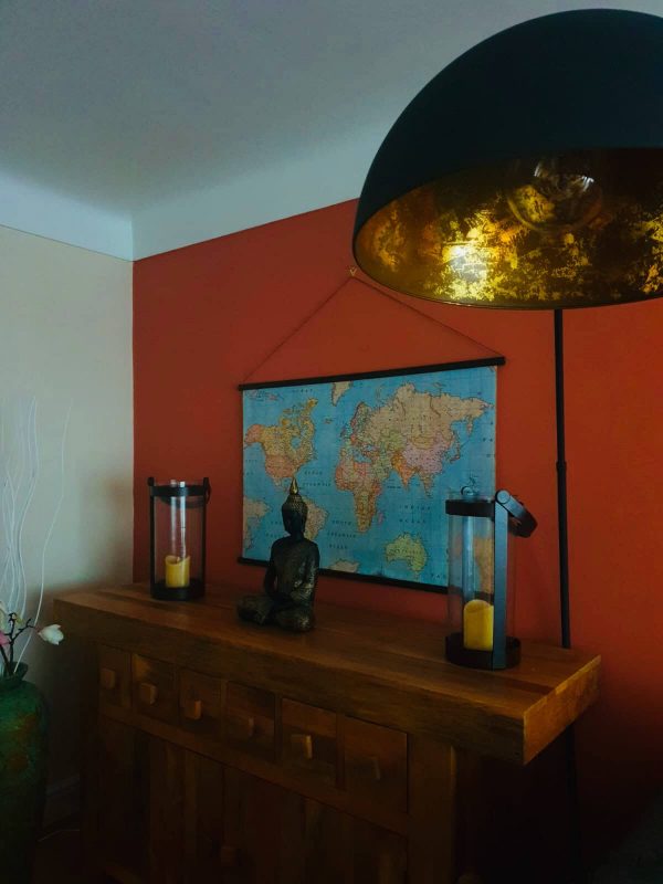 World Map Fabric Poster, Map of the World Textile Tapestry - wall art, gift - Blue Map + Dark Walnut Solid Wood Frame Hanger - 100cm x 65cm