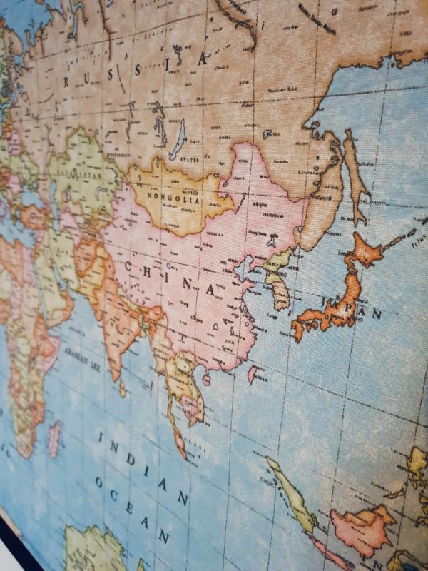 World Map Fabric Poster, Map of the World Textile Tapestry - wall art, gift - Blue Map + Dark Walnut Solid Wood Frame Hanger - 100cm x 65cm