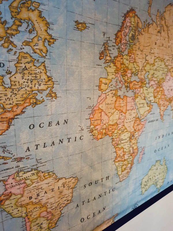 World Map Fabric Poster, Map of the World Textile Tapestry - wall art, gift - Blue Map + Dark Walnut Solid Wood Frame Hanger - 100cm x 65cm