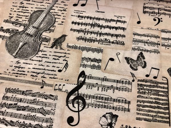 Violin & Music Notes Fabric for Curtains Upholstery cotton material - 110"/280cm extra wide - Black and Cream musical note print canvas