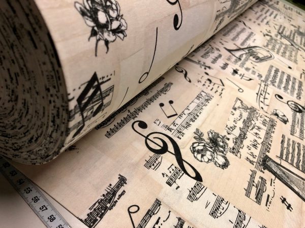 Violin & Music Notes Fabric for Curtains Upholstery cotton material - 110"/280cm extra wide - Black and Cream musical note print canvas