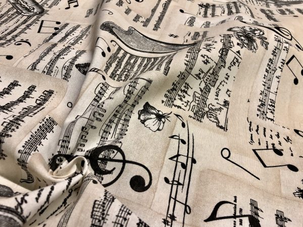 Violin & Music Notes Fabric for Curtains Upholstery cotton material - 110"/280cm extra wide - Black and Cream musical note print canvas