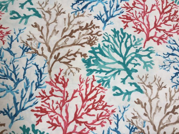 BLUE CORAL REEF Fabric Curtain Upholstery Cotton Material Sea Teal, Blue, Red Corals -140cm Wide