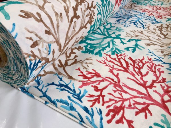 BLUE CORAL REEF Fabric Curtain Upholstery Cotton Material Sea Teal, Blue, Red Corals -140cm Wide - Image 4
